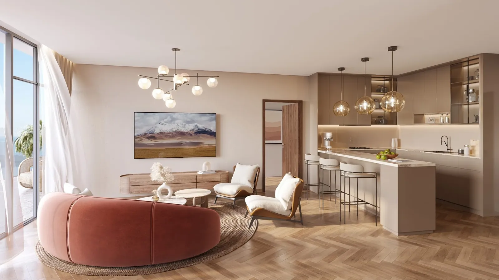 One bedroom residence living and kitchen